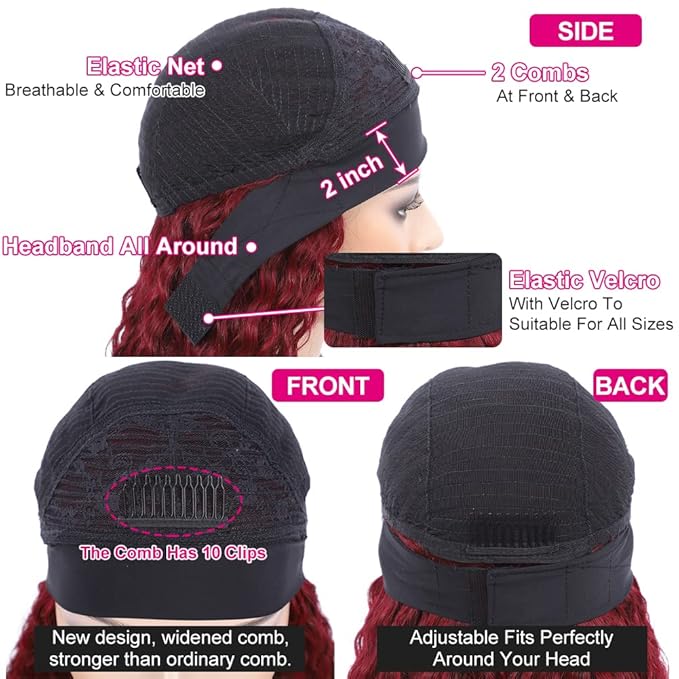 Eooma 99J Burgundy Headband Wig Human Hair for Black Women 10A 180% Density Brazilian Kinky Curly Human Hair Headband Wigs Scarf No Gel Gluelees 18 Inch Remy Hair