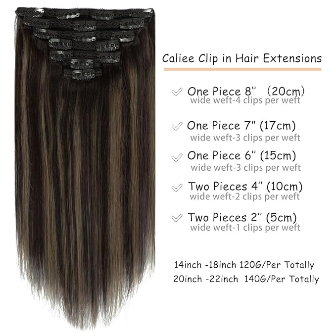 Caliee 20Inch Long Straight Hair Extensions for Women 7PCS Thick Full End R1B-1B/6A Ombre Natural Black Mixed Light Chestnut Brown Clip in Remy Human Hair Extensions 140G