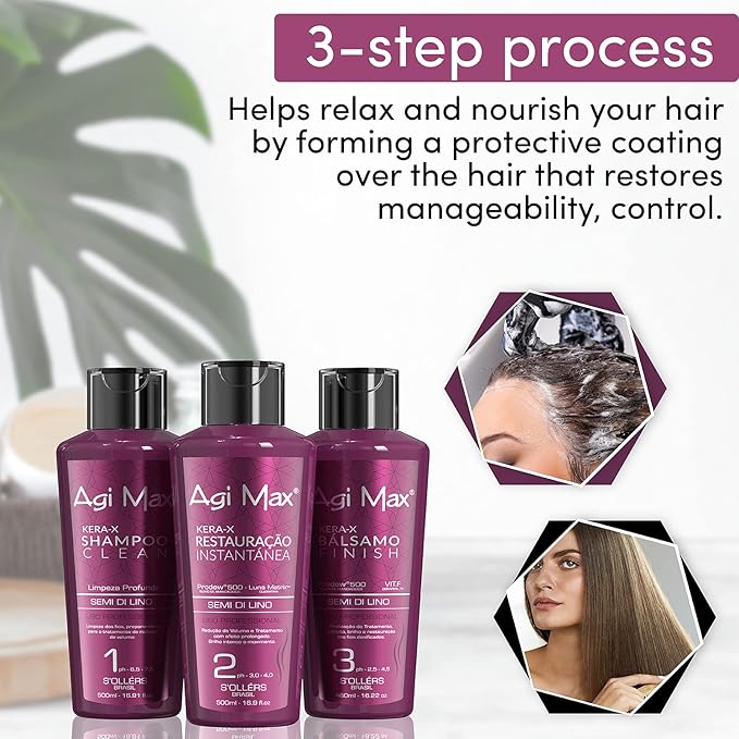 Brazilian Natural Keratin Hair Treatment Kit for Straightening Curls and Frizz, Reducing Dry Damage, Nourish and Hydrate Root to Tip, Support Color Treated Styles - 1 liter 3 Steps 3 x 500ml