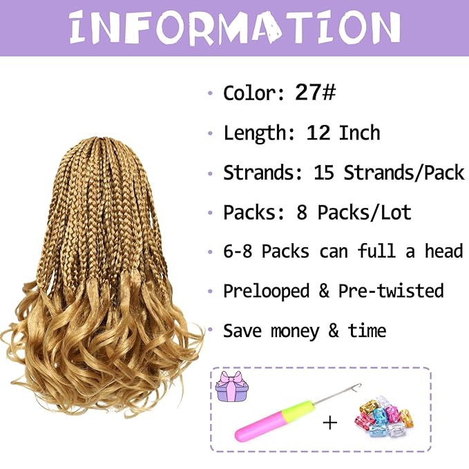 Short Crochet Hair for Women 12 Inch Blonde French Curl Crochet Braids 8 Packs Prelooped Box Braids Synthetic French Curly Braiding Hair Extensions 27#