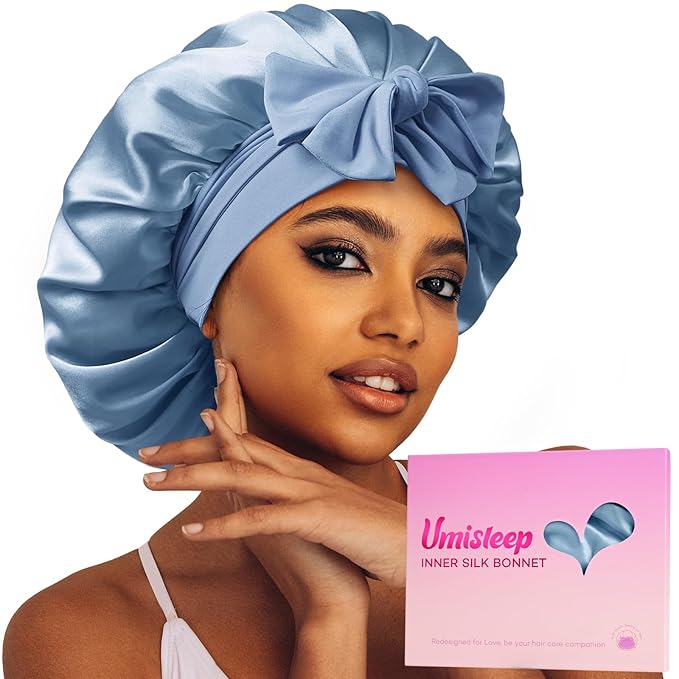 Umisleep Silk Bonnet, Soft Hair Bonnet for Sleeping, Real Mulberry Silk Lining, Bonnets for Women Hair Care, Double Layer Hair Cap with Tie, Large Silk Hair Wrap for Curly Long Hair, Blue