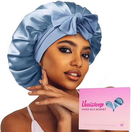 Umisleep Silk Bonnet, Soft Hair Bonnet for Sleeping, Real Mulberry Silk Lining, Bonnets for Women Hair Care, Double Layer Hair Cap with Tie, Large Silk Hair Wrap for Curly Long Hair, Blue