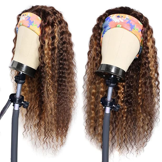 Highlight Ombre Headband Wig Human Hair Deep Wave 4/27 Glueless Water Wave Head band Wigs Human Hair for Black Women Brazilian Virgin Highlight Curly Headband Wig Human Hair 14 Inch