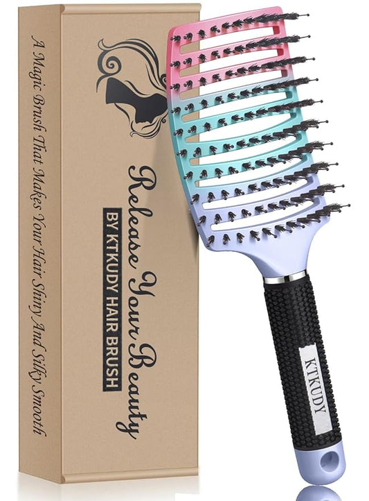 KTKUDY Detangling Brush Boar Bristles Hairbrush Make Hair Shiny & Healthier Curved and Vented Detangler Brush for Women Men Kids Wet & Dry Hair