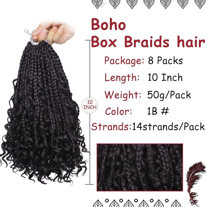 Beverlee 10 Inch 8 Packs Boho Box Braids Goddess Box Braids Crochet Hair Bohemian Hippie Braids Braiding Hair Box Braids with Curly Ends Messy Pre-looped Synthetic Kids Crochet Hair for Black Women