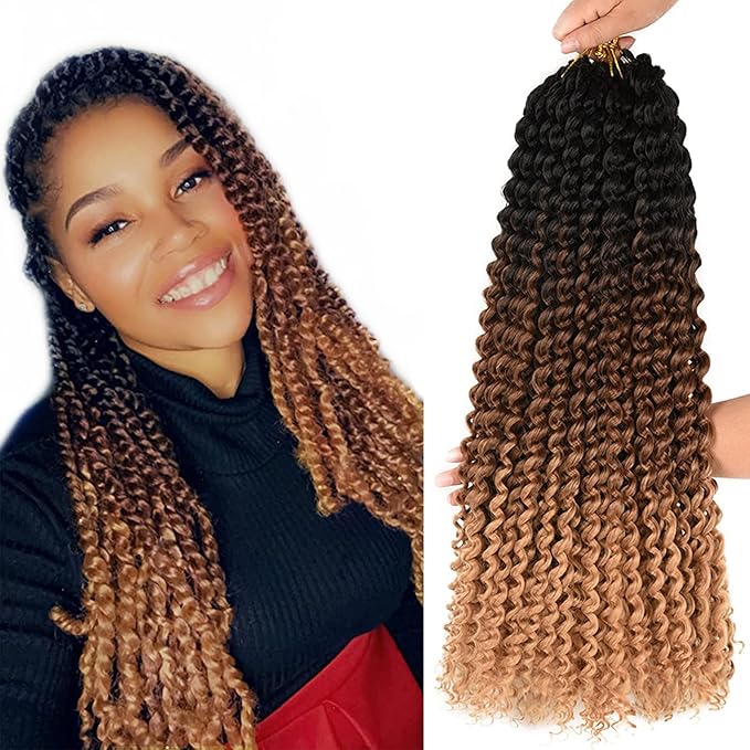 Ombre Passion Twist Hair Water Wave Long Bohemian Curly Crochet Braids For Bomb Twists Goddess Locs Synthetic Braiding Hair Extensions For Black Woman 6 Packs (18inch, Black-dark brown-light brown)