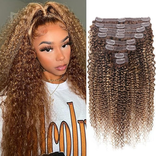 Curly Clip In Hair Extensions Real Human Hair Clip Ins Balayage Chocolate Brown to Caramel Blonde Human Hair Extensions 8Pcs with18clips 120g/Set (20 inch，#4/27/4)