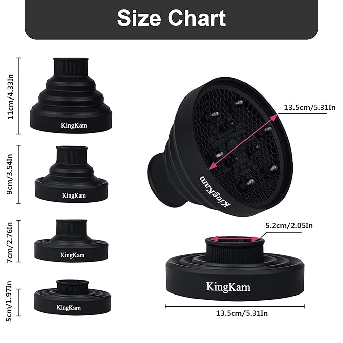 KingKam Collapsible Hair Dryer Diffuser - Travel and Easy Storage - Diffuser Attachment Fit Most Hair Dryers with Nozzle Diameter D-1.575Inch to 1.968 Inch (4-5cm) - Black