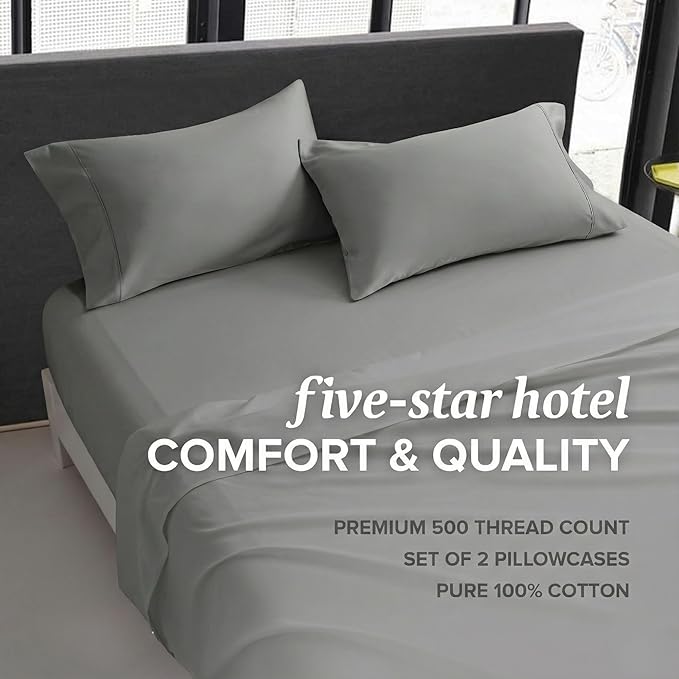 Beckham Hotel Collection 100% Cotton Pillow Cases Standard/Queen Size Set of 2, 500TC, Luxury Sateen Pillowcases, Open End, Breathable, Moisture-Wicking, Dark Gray