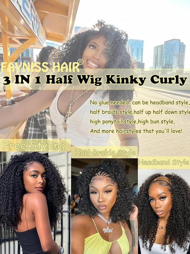 Kinky Curly Half Wig Human Hair 3 In 1 Seamless Flip Over Half Wigs Human Hair Glueless Wear and Go 220 Density Beginner Friendly Drawstring Headband Wig for Women (KC Half Wig, 16 Inch)