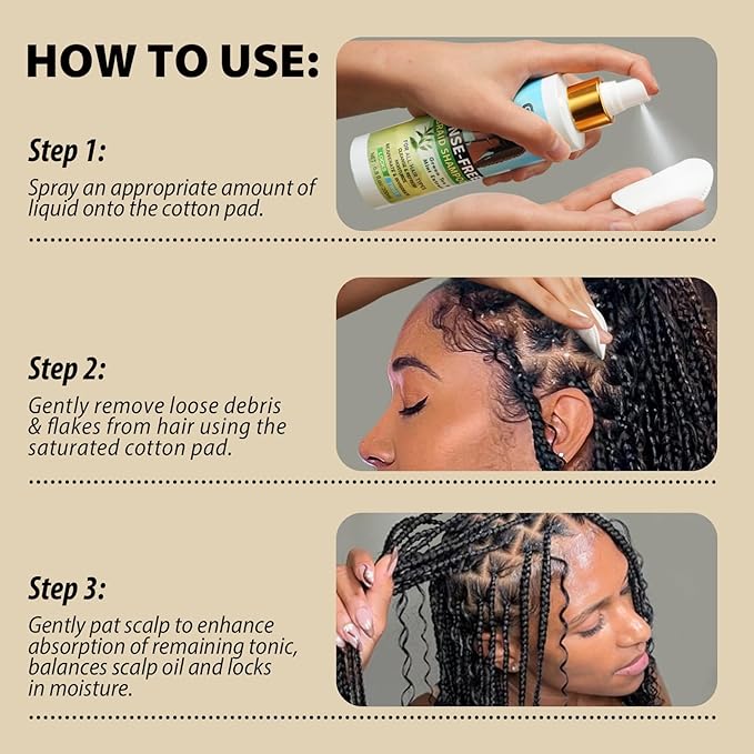 Rinse-Free Shampoo for Braid No Water Shampoo for Locs, Twists, Weaves, Dreadlock, Dry Spray for BuildUp, Odor, Itch& Flakes, No Residue Chemical Free- Cotton Pads Rounds for Briads, Scalp, Face Clean