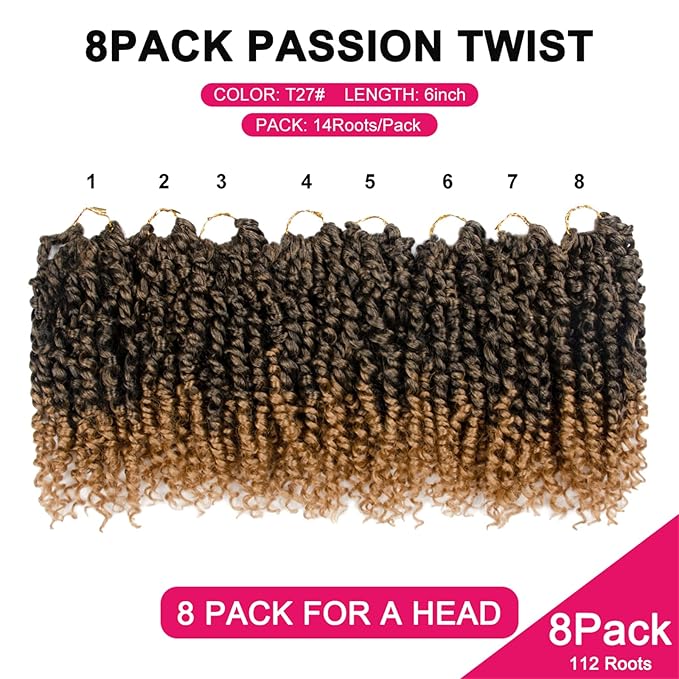 Passion Twist Hair - 8 Packs 6 Inch Passion Twist Crochet Hair For Women, Crochet Pretwisted Curly Hair Passion Twists Synthetic Braiding Hair Extensions(6 Inch 8 Packs, T27)