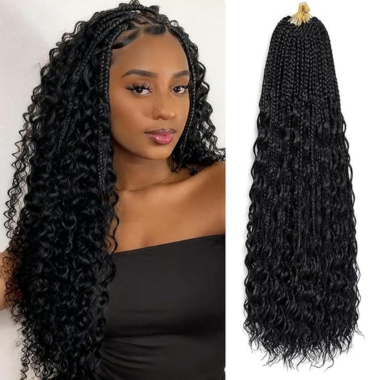 Goddess Box Braids Crochet Hair, 18 Inch 7 Packs Boho Crochet Box Braids Crochet Hair for Women,Pre Looped Bohemian Crochet Box Braids Braiding Hair Extensions, 1B