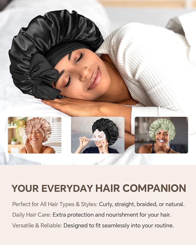 Silk Bonnet for Sleeping Women Double Layer Hyaluronic Acid Satin Bonnet with Adjustable Tie Band Sleep Cap for Curly Hair