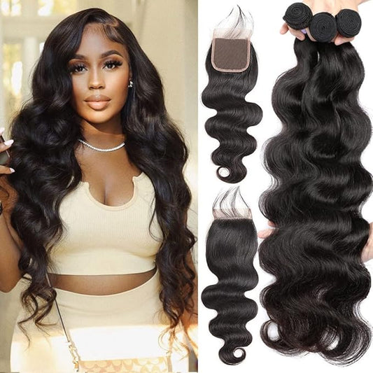 Human Hair Bundles with Closure (22 24 26+20，Free Part) Body Wave Bundles with Lace Closure Brazilian Human Hair Weave Virgin Hair Weft 150% Density Natural Color for Black Women