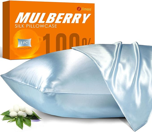 100% Mulberry Silk Pillowcase for Hair and Skin, 22 Momme Pure Natural Silk Pillow Case Both Sided with Zipper, Pillow Cover for Women Mom Men (Light Blue, Queen 20''×30'', 1 Pack)