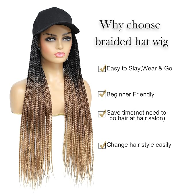 Hat Wig for Women Baseball Cap with Braided Hair Attached 24inch long Synthetic Ombre Box Braid Wig Hat Adjustable Cap with black brown light brown Braids for Daily Outdoor Use (B-53)