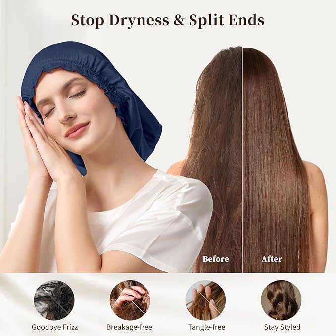 THXSILK 100% Pure Silk Bonnet for Sleeping Women Mulberry Silk Bonnet with Elastic Band Hair for Women Curly Hair Navy Blue