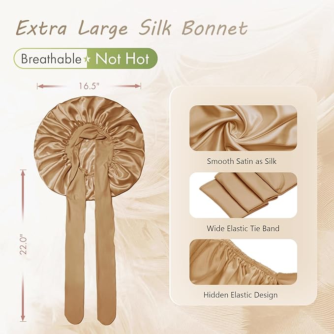 BONNET QUEEN Large Satin Silk Bonnet for Sleeping Women's Curly Hair - Big Night Sleep Cap Scarf Wrap with Tie Band - Yellow Gold