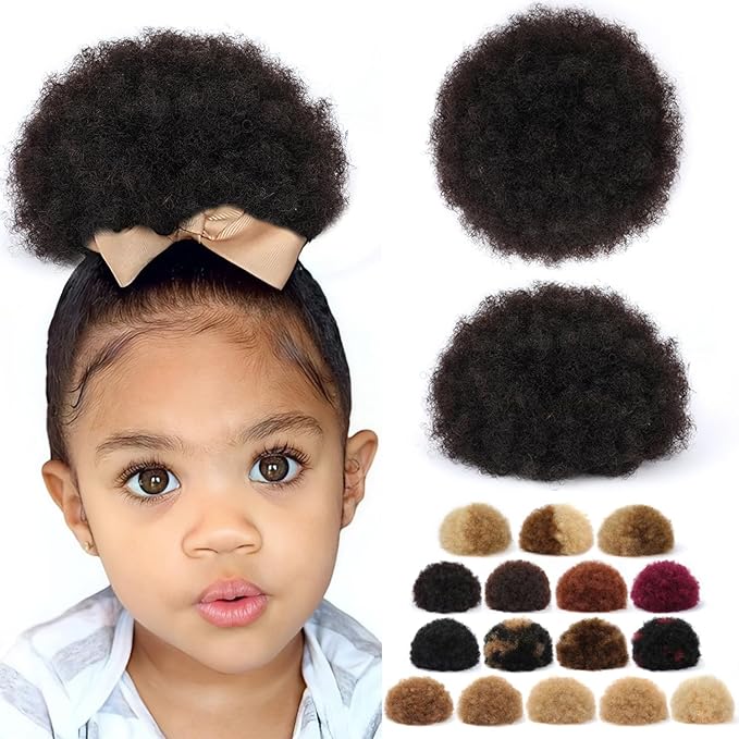 Afro Puff Ponytail for Black Women #1B Natural Black 4 Inch 4c Human Hair Durable Natural Soft and Smooth Kinky Curly Clip On Drawstring Ponytail