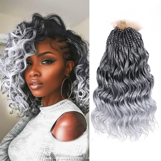 Leeven 10 Inch Pre Looped Curly Crochet Hair 8 Packs Ombre Gray Boho Ocean Wave Crochet Hair Short Ocean Braids Pre Twisted Synthetic Deep Wavy Crochet Hair for Women