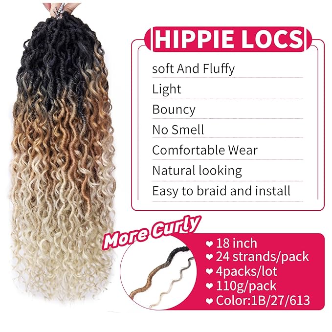 Goddess Locs Crochet Hair 18Inch Faux Locs Crochet Hair Curly Ends Pre-looped River Hippie Locs Bohemian Locs Crochet Braids for Black Women(1B/27/613, 18inch)