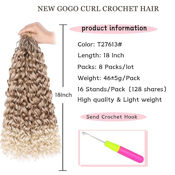 18 Inch Gogo Curl Crochet Hair 8 Packs Curly Crochet Hair for Women Pre-looped Deep Wave Crochet Hair Box Braids Water Wave Curly Beach Curl Crochet Hair Extensions (16Strands/pack T27613#)