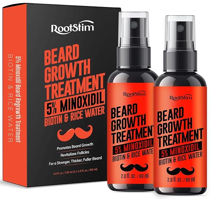 5% Minoxidil Beard Growth Serum for Men: 2-Pack Hair Regrowth Spray with Biotin & Rice Water - Extra Strength Beard Oil for Faster Thicker and Fuller Beard Growth - 4.06 Fl Oz