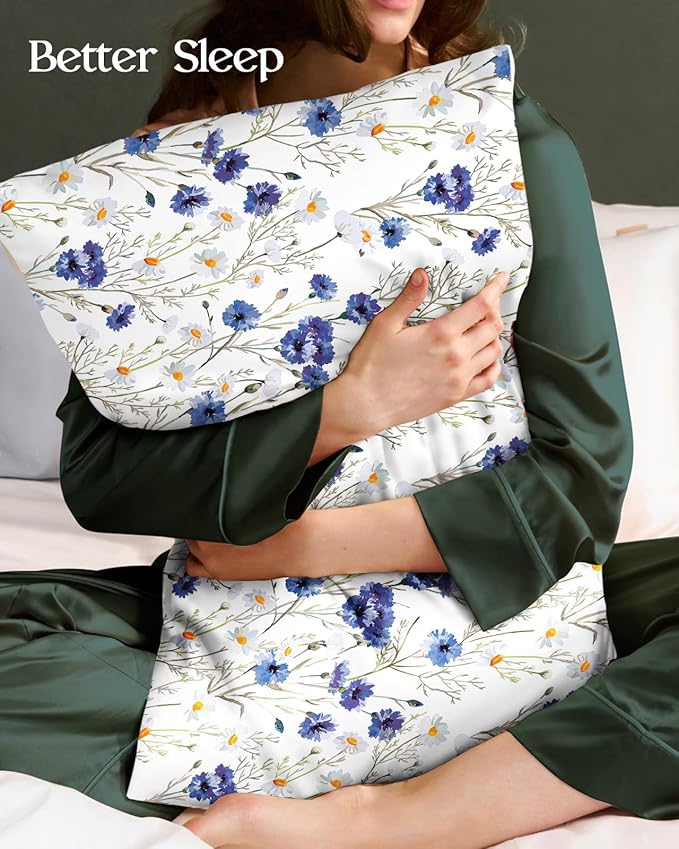 Silk Pillowcase 2 Pack - Cute Pillow Cases 20" x 26" Standard Size Set of 2 for Hair and Skin Smooth Soft Breathable with Hidden Zipper Cooling Pillow Covers for Sleeping, Blue Daisy