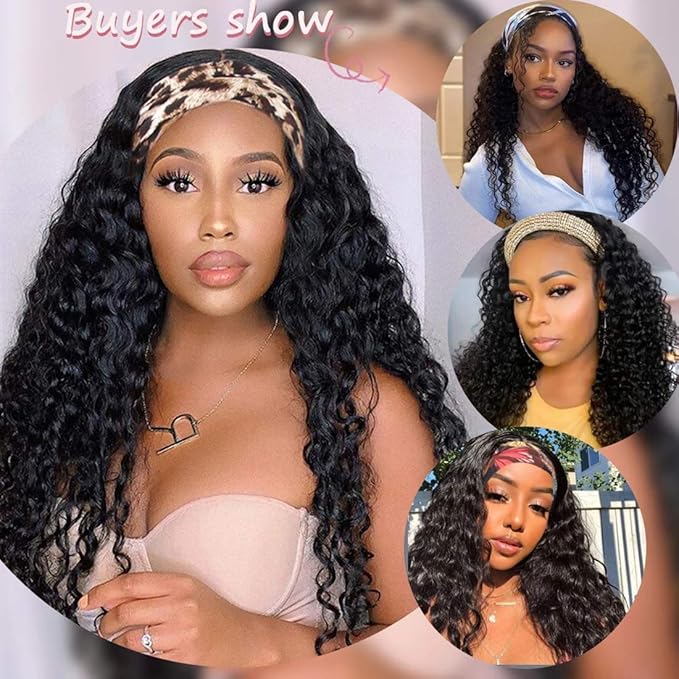 HUman Hair Headband Wigs Glueless Deep Wave None Lace Front Wigs Brazilian Virgin Human Hair for Black Women 150% Density 16inch