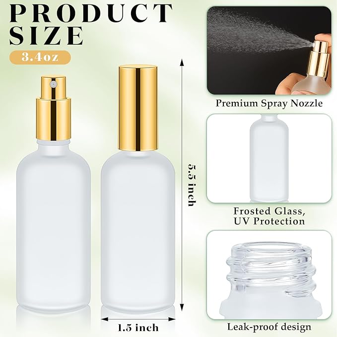 Roshtia 30 Pcs 3.4 oz/ 100 ml Gold Glass Spray Bottle Refillable Frosted Perfume Atomizer Clear Decorative Empty Bottles with Fine Mist Sprayer Pump for Face Body Travel