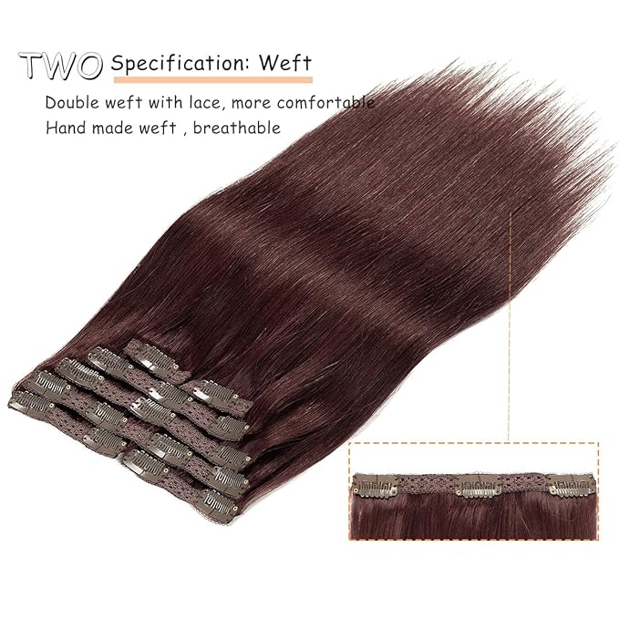 Caliee Human Hair Extensions Clip ins Wine Red Extensions Clip in Real Hair Extensions 100% Remy Human Hair 22 Inch Lace Weft Color 99J Wine Red Human Hair Clip in Extensions Thick 7PCS 140G