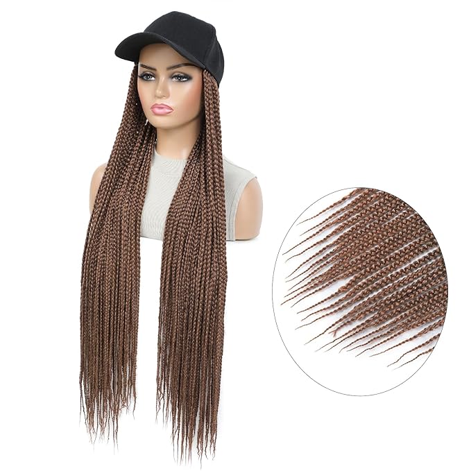 Braided Baseball Cap Wig Box Braid Hair Extensions with Hat brown color Synthetic Cap Wig with 30inch Long Synthetic Braiding Hair for Women (30in-30)