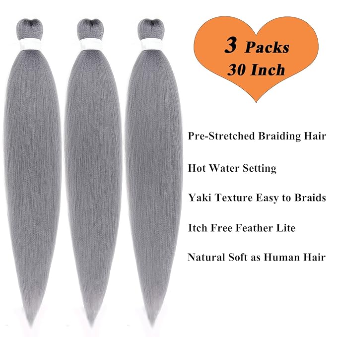 Grey Braiding Hair Pre Stretched 30 inch Kanekalo Gray Braiding Hair Extensions for Braiding Box Braids Jumbo Synthetic Long Micro Yaki Kids Knotless Pre Stretched Braiding Hair 3 pack