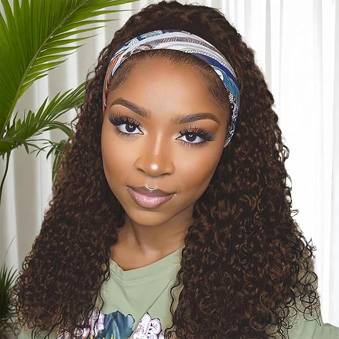 Chocolate Brown Headband Wig Human Hair Curly 20 Inch Machine Made None Lace Front Wig #4 Chocolate Brazilian Virgin Water Wave Headband Half Wigs for Black Women Human Hair