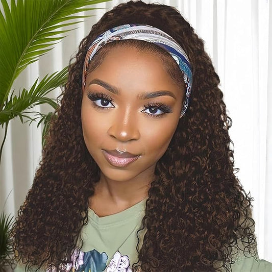 Chocolate Brown Headband Wig Human Hair Curly 20 Inch Machine Made None Lace Front Wig #4 Chocolate Brazilian Virgin Water Wave Headband Half Wigs for Black Women Human Hair