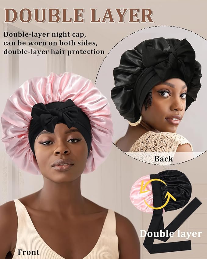 Reversible Satin Bonnet for Sleeping Women Double Layer Hair Bonnet with 2PCS Hair Scrunchies Elastic Tie Band Night Cap