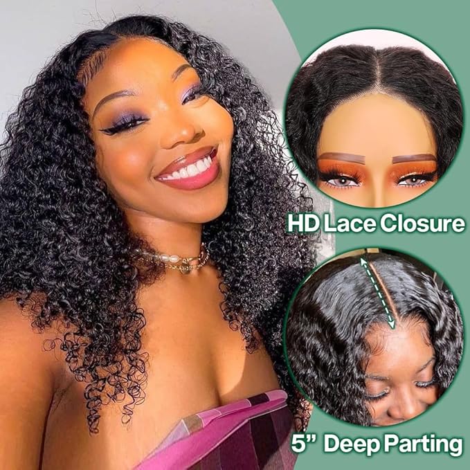 Curly Bob Wig Human Hair Jerry Curl 200% Density 5x5 HD Lace Closure Wigs Human Hair Bob Wigs For Black Women Wear And Go Glueless Curly Wig 1B Color 14 Inch