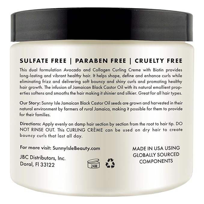 Sunny Isle Avocado and Collagen Curling Crème 16oz | Biotin and Jamaican Black Castor Oil Infused | Lightweight Formula For Waves, Curls and Twists