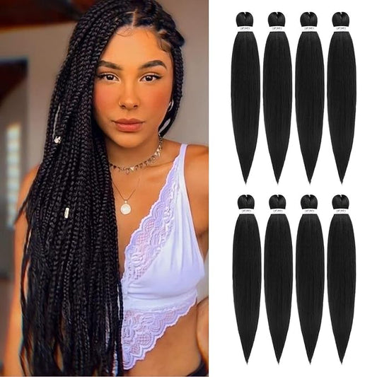 Pre-stretched Braiding Hair - 30 Inch 8 Packs Natural Black Super Long Braiding Hair For Twist or Box Braids, Yaki Texture Hot Water Setting Synthetic Braiding Hair Extensions (30 Inch, 1B-8P)