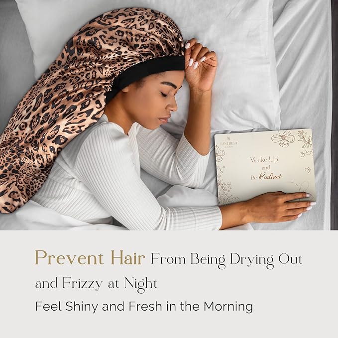 2 Pcs Hair Bonnets for Women Satin, Black Leopard Soft Elastic Band Long Satin Bonnet Sleeping Cap for Women Bonnet for Braids