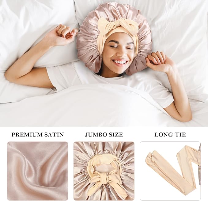 3Pcs Bonnets for Sleeping, Extra Satin Silk Bonnet for Sleeping Women with Tie Band for Curly Hair Jumbo Bonnet Braids