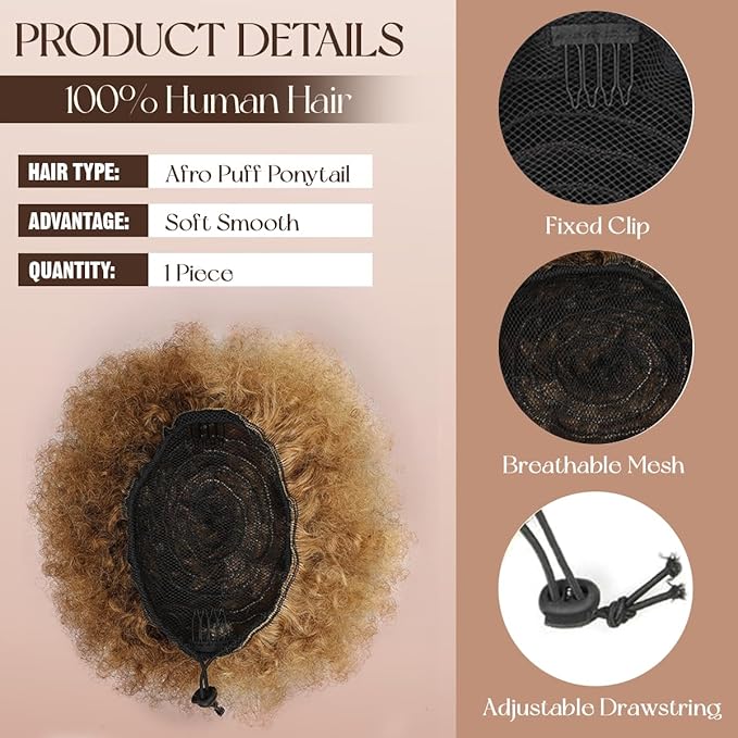 Afro Ponytail For Black Women #P4-27 Half Medium Brown Half Light Blonde Durable Natural Soft and Smooth Retro Kinky Curly Ponytail Wig