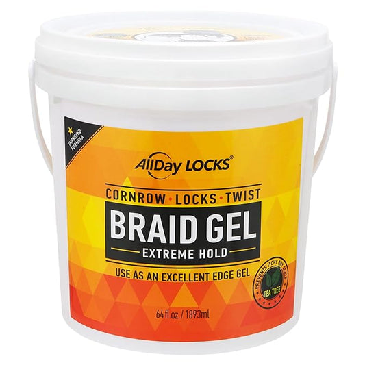 AllDay Locks Braid Gel (Bucket) | Extreme Hold, High Shine | Frizz & Flake-Free Edge Control | Tea Tree, Lavender, Peppermint Oil | Slick & Style Braids, Locks, Twists, Cornrows | 64 oz