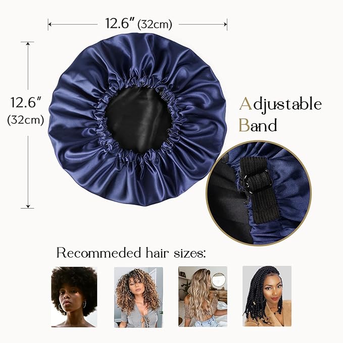 YANIBEST Adjustable Satin Bonnet Double Layer Hair Bonnet for Sleeping Bonnets for Women Hats Curly Natural Hair, Navy Blue