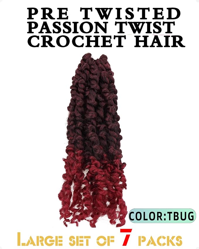 Pre-Twisted Passion Twist Crochet Hair for Black Women Passion Twist Hair Pre Looped Bohemian Braids 10 Inch 7 Packs Ombre Burgundy Short Bob Curly Braiding Hair Extensions(10"-7P,T1B/BUG)