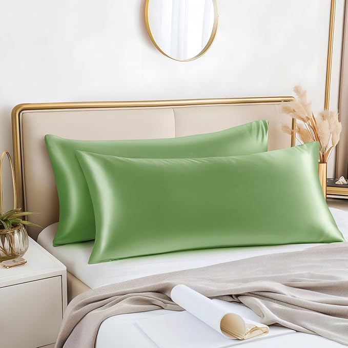 BEDELITE Satin Body Pillow Cover 2 Pack, Super Soft and Cooling Body Pillow Pillowcase for Hair and Skin, Breathable Silky Full Long Pillowcase Cover(20"x54", Sage Green)