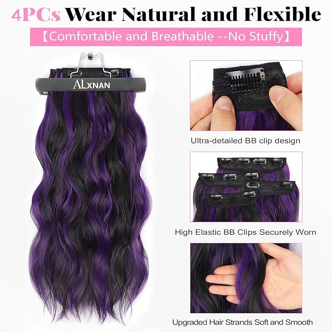 ALXNAN Clip in Long Wavy Synthetic Hair Extension 20 Inch Black Mix Purple Highlights 4PCS Thick Hairpieces Fiber Double Weft Hair for Women