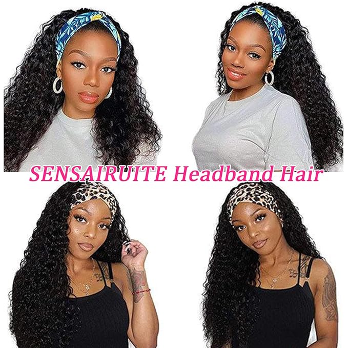 SENSAIRUITE Headband Wig Human Hair 20 Inch Deep Wave Headband Wigs for Black Women 180% Density Wear and Go Glueless Curly Wig Natural Color