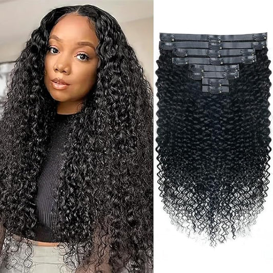 Seamless 3C 4A Kinky Curly Clip In Extension PU Weft Curly Clip in Extension Human Hair Clip Ins Full Head for Black Women Brazilian Remy Human Hair Natural Color 8Pcs with18clips 120g/Set (24 inch)